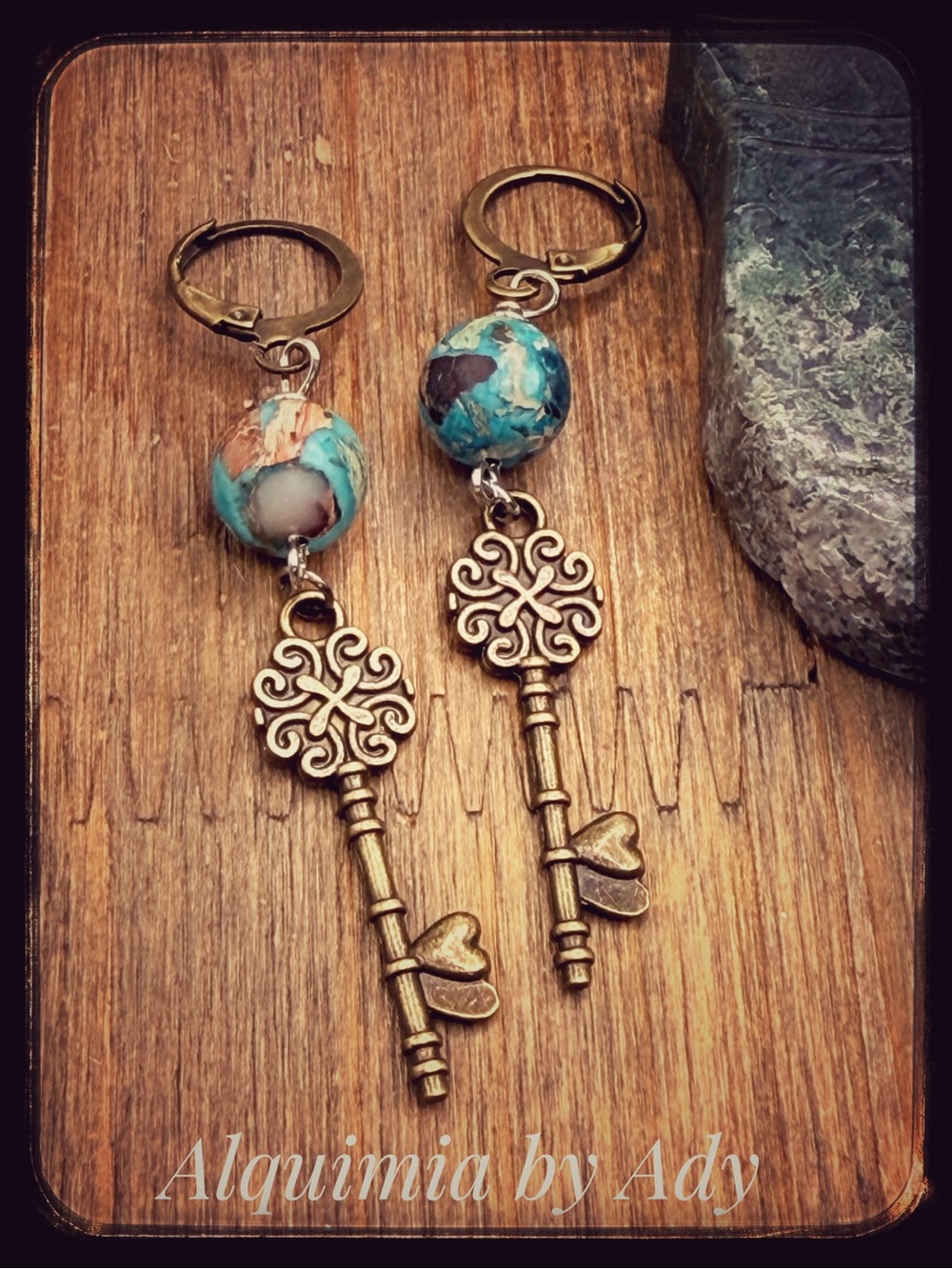 Alquimia Turquoise & Antiqued Gold Key Dangle Earrings XL